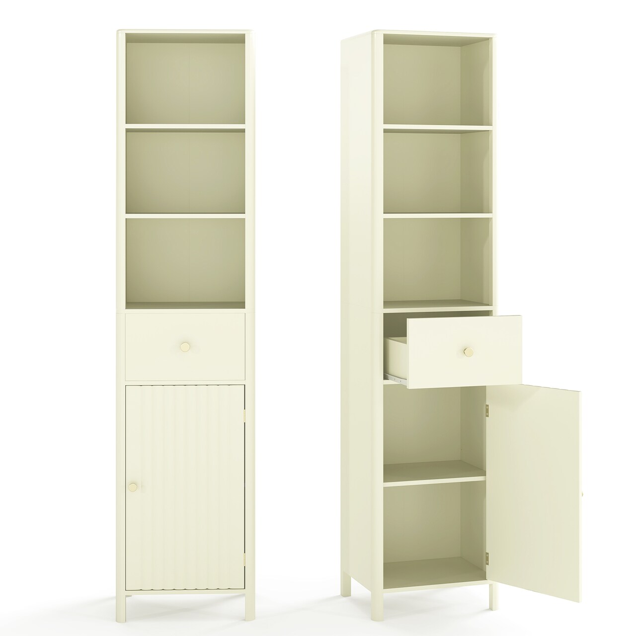 Beige Tall Bathroom Storage Cabinet Narrow MDF with Drawer Shelves and Door